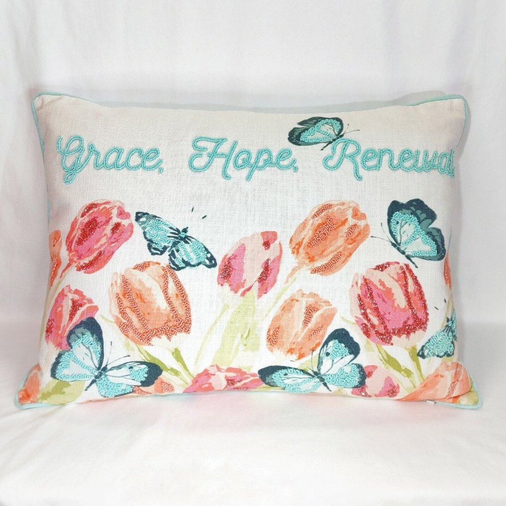 Bunny Tales Brand Pillow 18" x 26" Beaded Embellished Spring Tulips Butterflies
